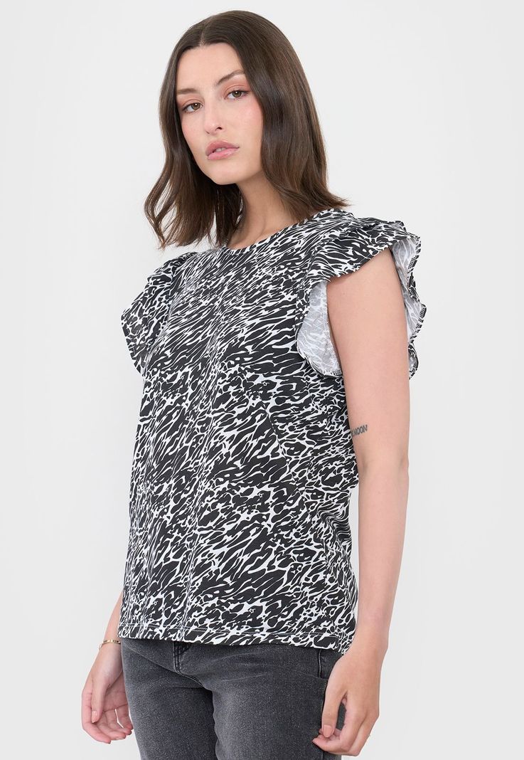 Polera Mujer Vuelos Animal Print Negro Corona-2