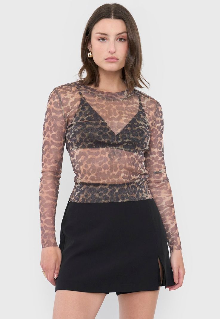 Polera Mujer Malla Night Animal Print Café Corona-1
