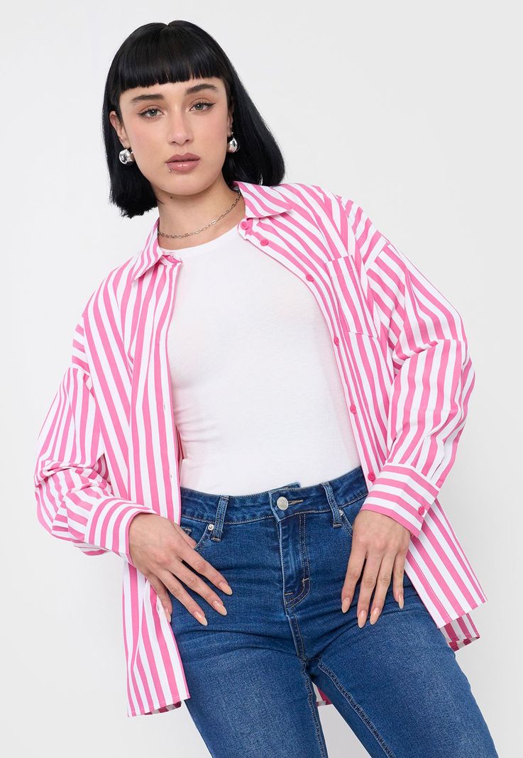 Blusa Mujer Camisera Rayas Fucsia Corona-0