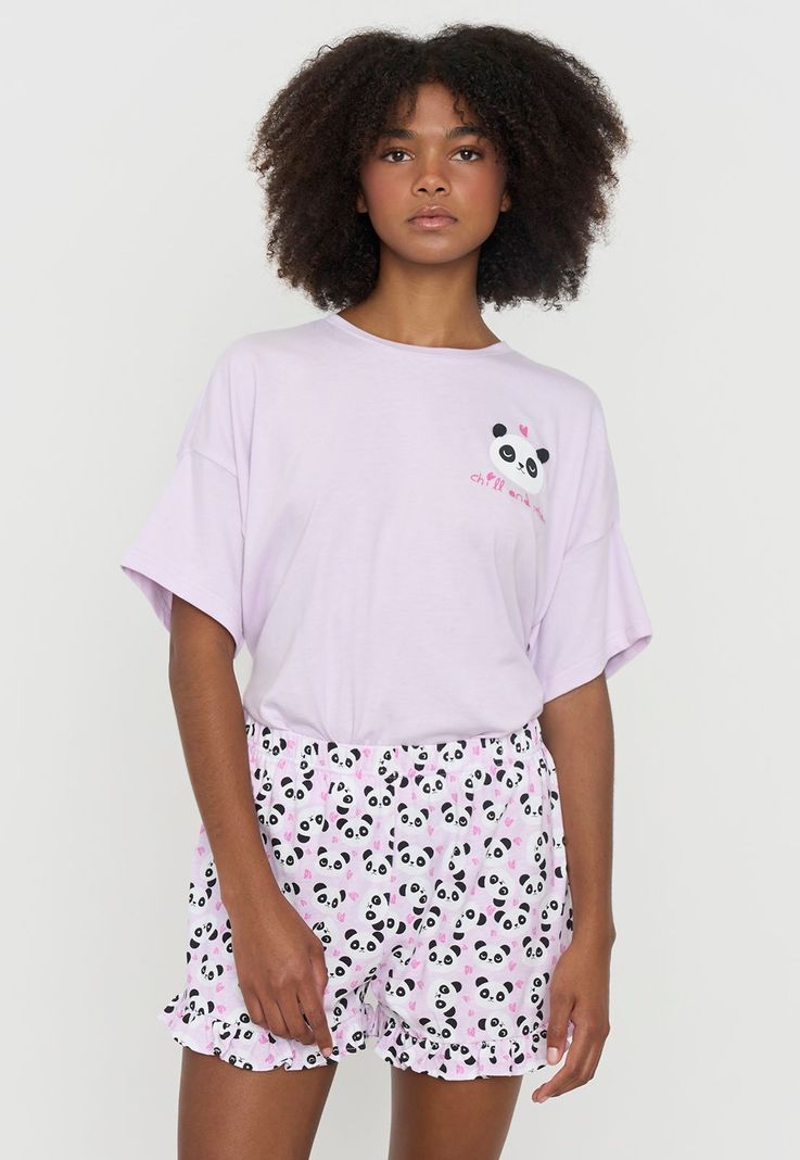 Pijama Mujer Corto Oversize Vuelos Lila Pandas Corona-2