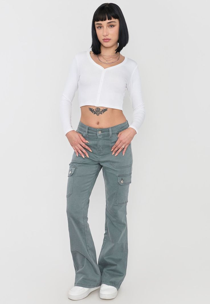 Jeans Mujer Flare Fit Cargo Gris Corona-0