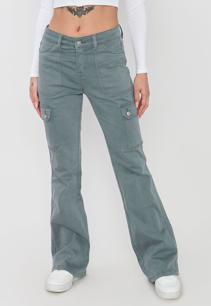 Jeans Mujer Flare Fit Cargo Gris Corona-1