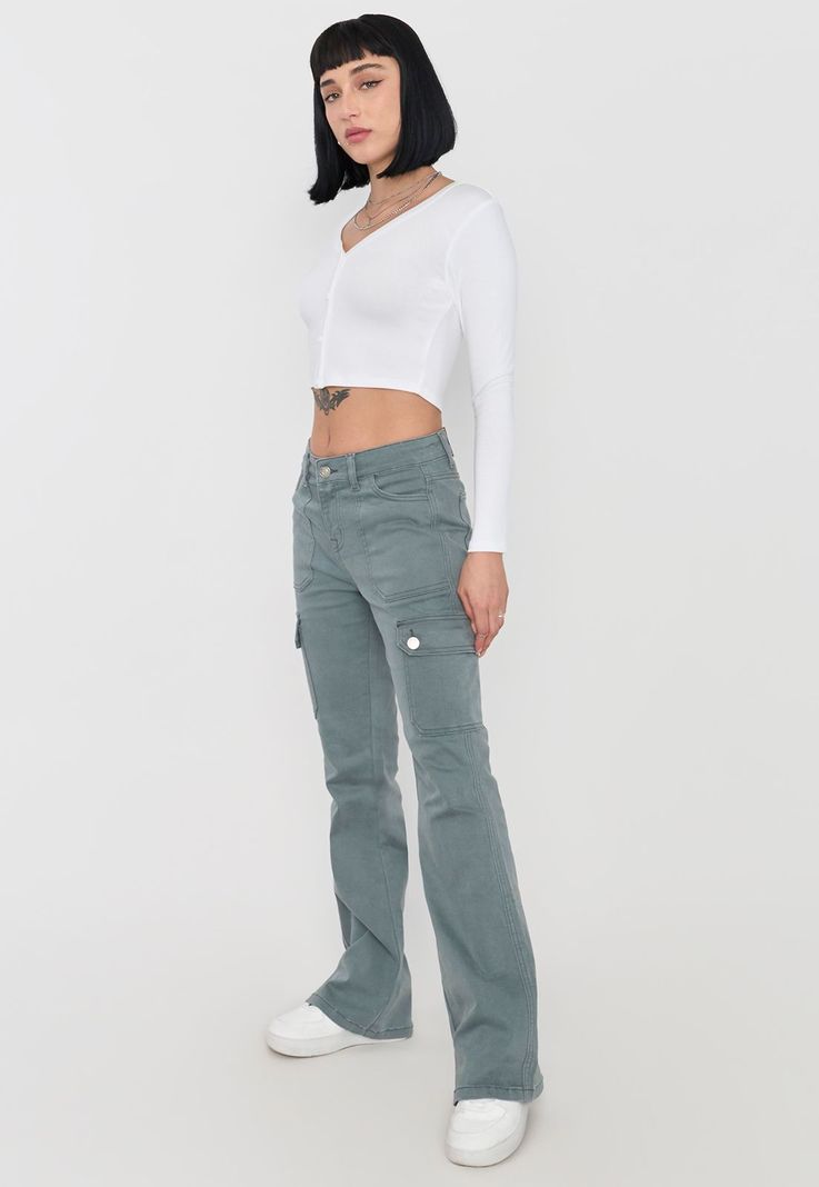 Jeans Mujer Flare Fit Cargo Gris Corona-3