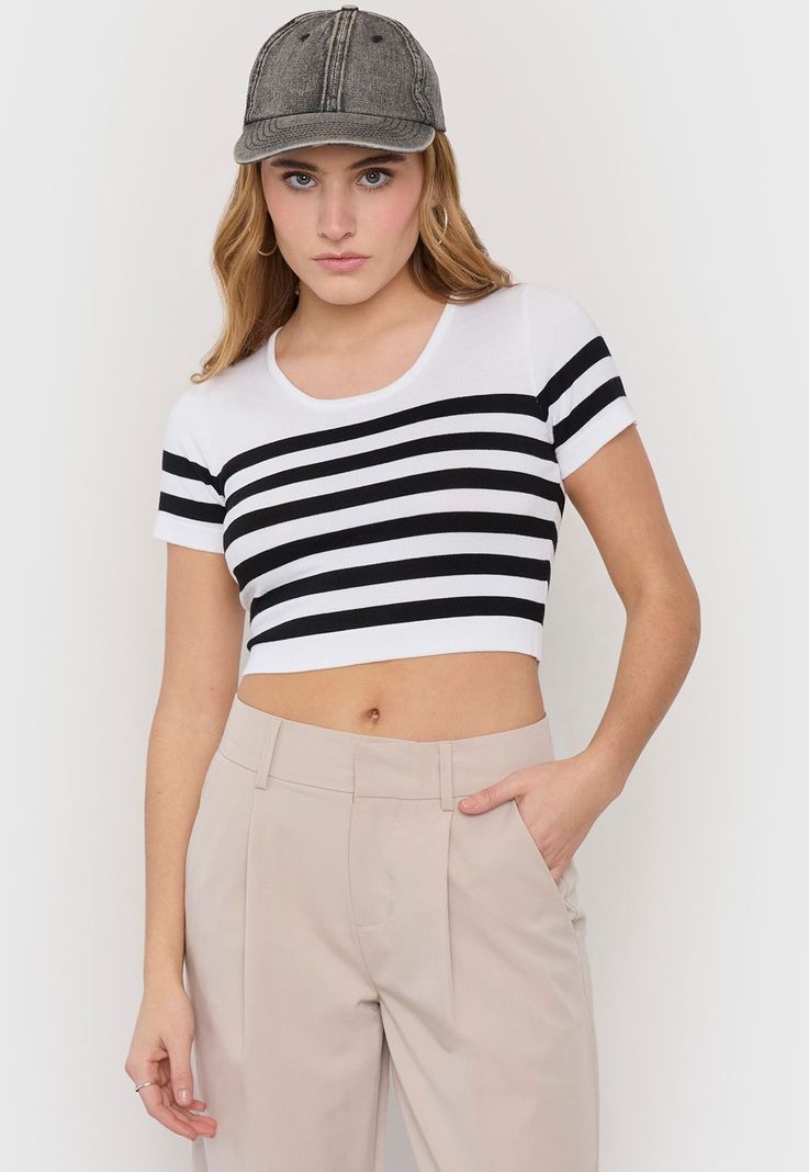 Polera Mujer M/C Cuello Redondo Blanco Rayas Corona-0