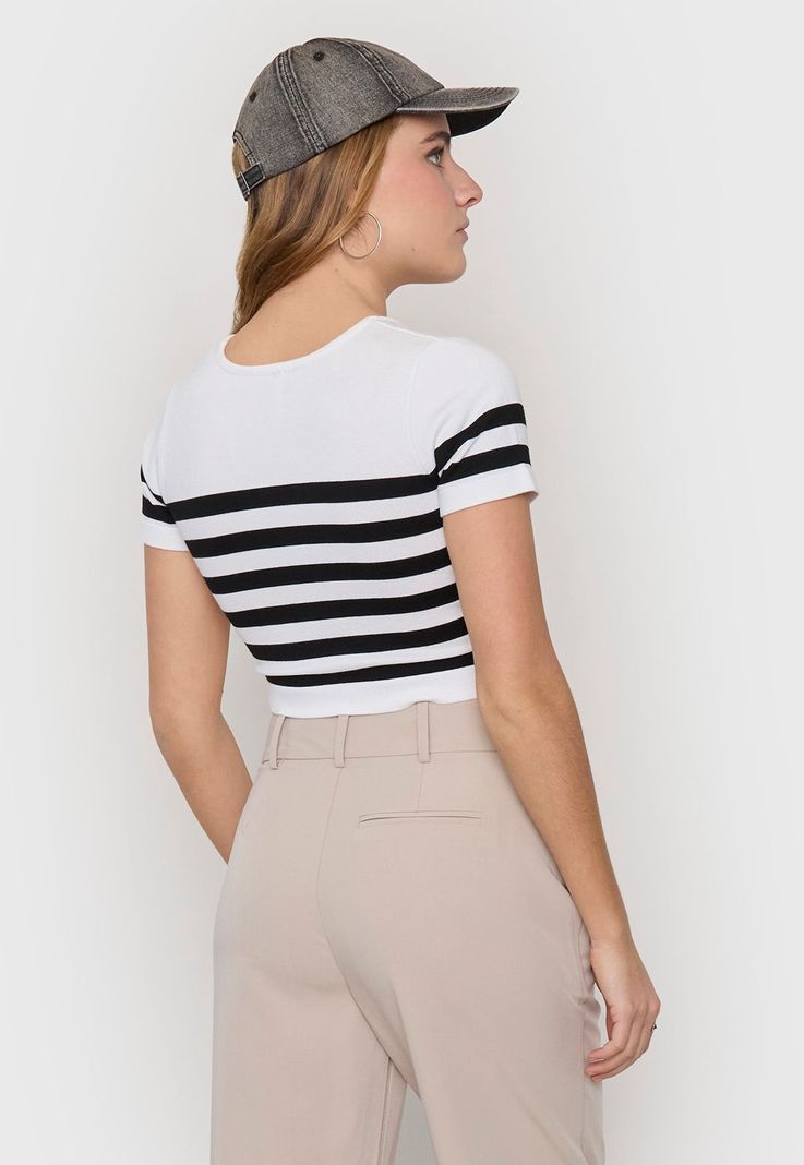 Polera Mujer M/C Cuello Redondo Blanco Rayas Corona-1