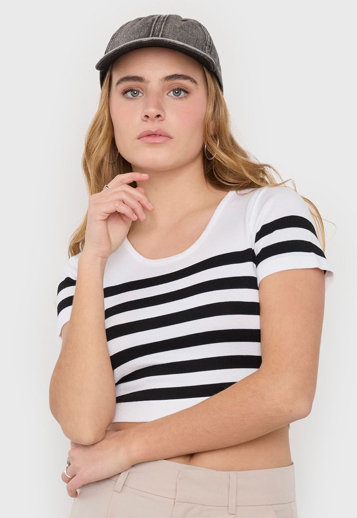 Polera Mujer M/C Cuello Redondo Blanco Rayas Corona-2