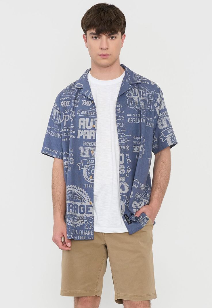 Guayabera Hombre Viscosa Lino Azul Corona-0