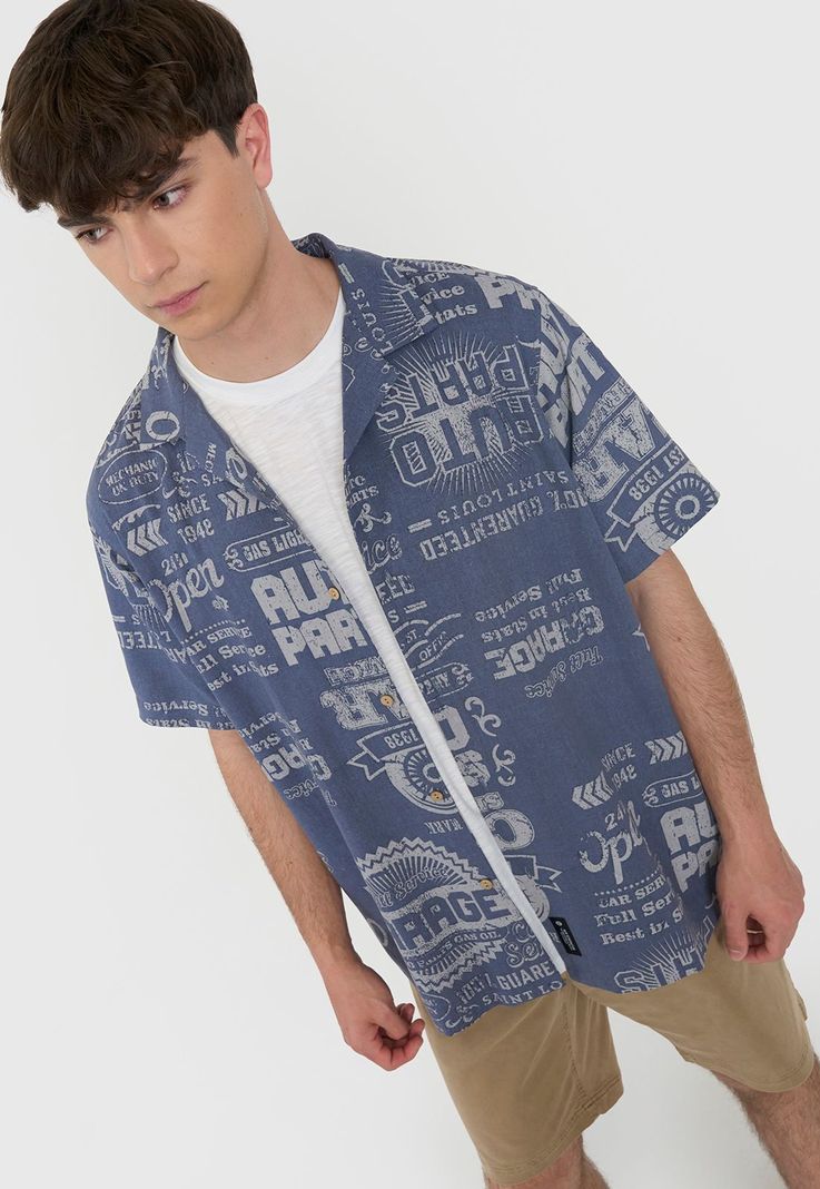 Guayabera Hombre Viscosa Lino Azul Corona-2