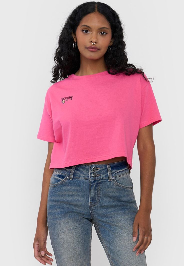 Polera Mujer Fun Manga Corta Crop Fucsia Corona-0