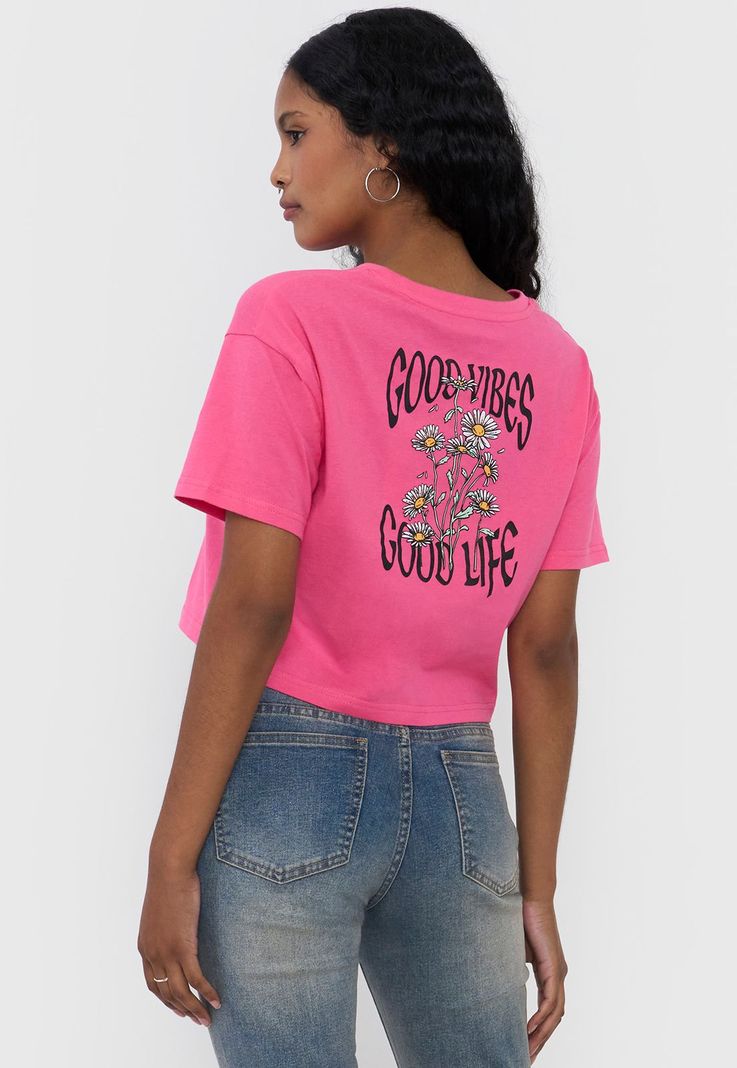 Polera Mujer Fun Manga Corta Crop Fucsia Corona-1