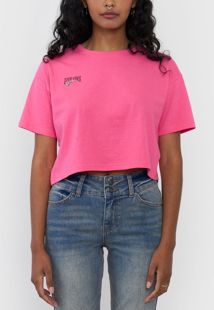 Polera Mujer Fun Manga Corta Crop Fucsia Corona-2