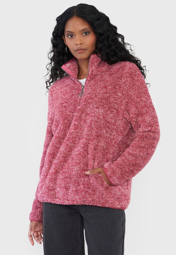 Polerón Mujer Peludo Burdeo Half Zipper Corona-0