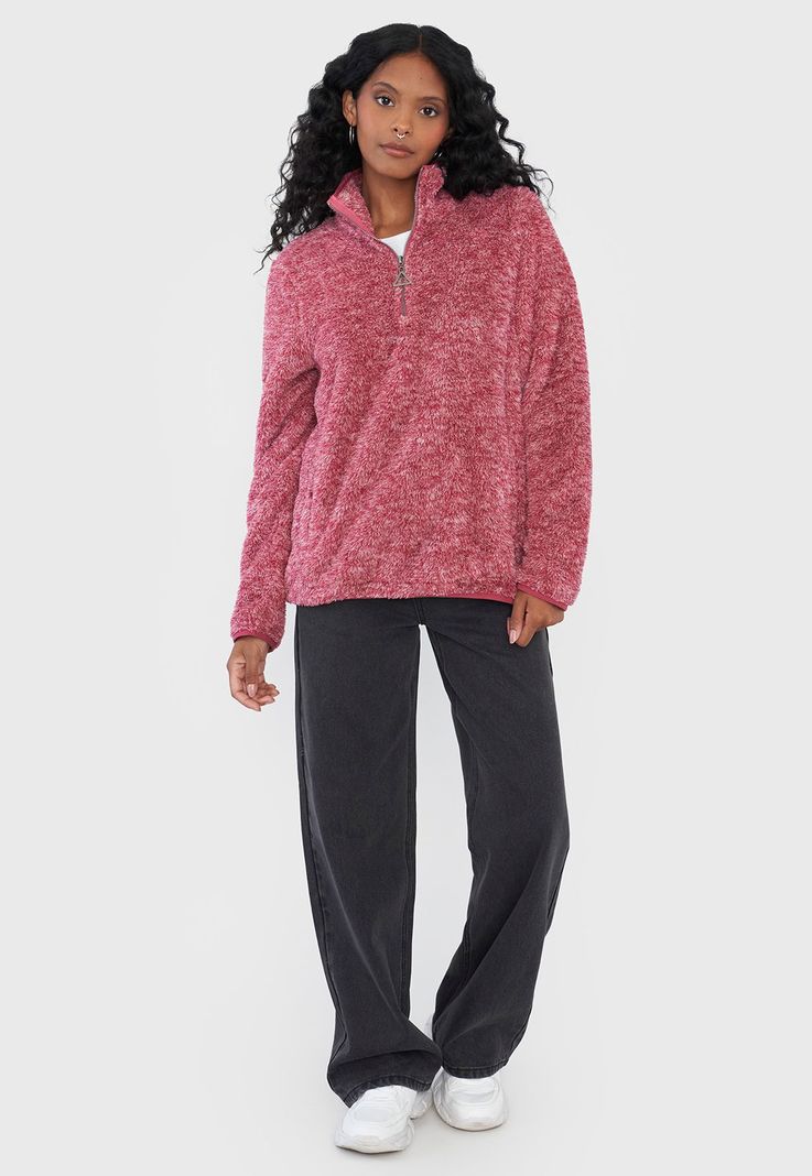 Polerón Mujer Peludo Burdeo Half Zipper Corona-3