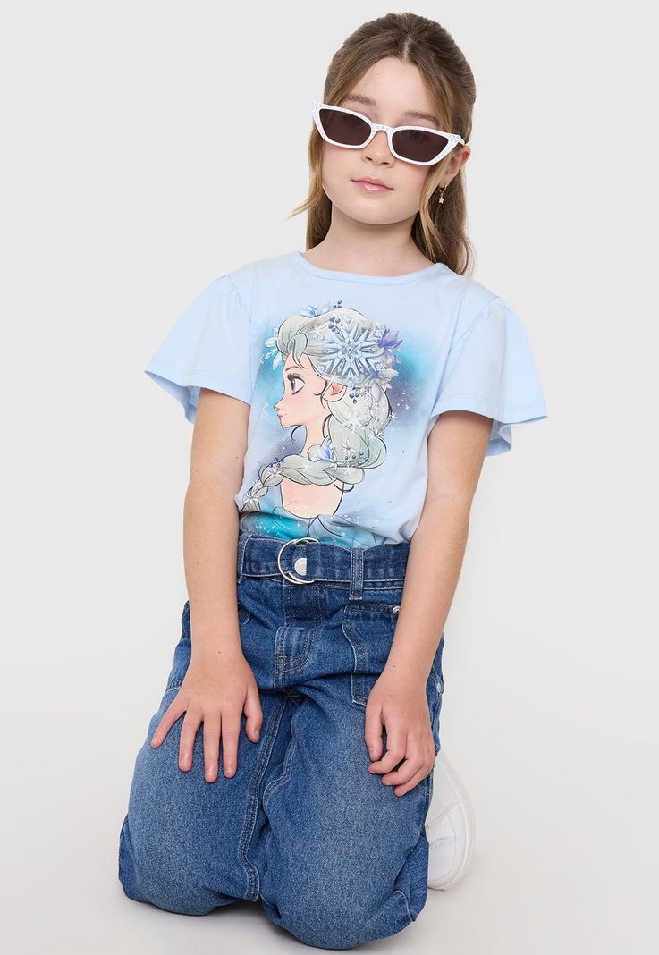 Polera Niña Kids MC Vuelos Elsa Frozen Celeste Corona-0