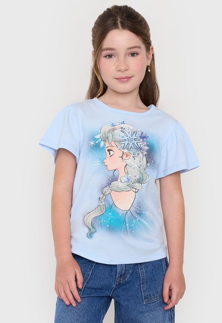 Polera Niña Kids MC Vuelos Elsa Frozen Celeste Corona-1