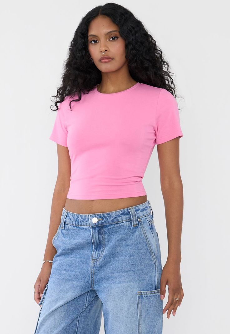 Polera Mujer Crop M/C Esencial Rosado Corona-0