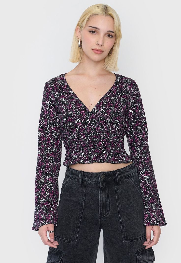 Blusa Mujer Manga Larga Camapana Print Rosado/Negro Corona-0