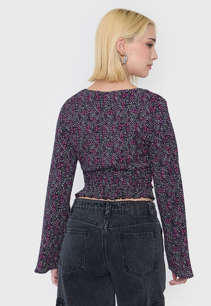Blusa Mujer Manga Larga Camapana Print Rosado/Negro Corona-1