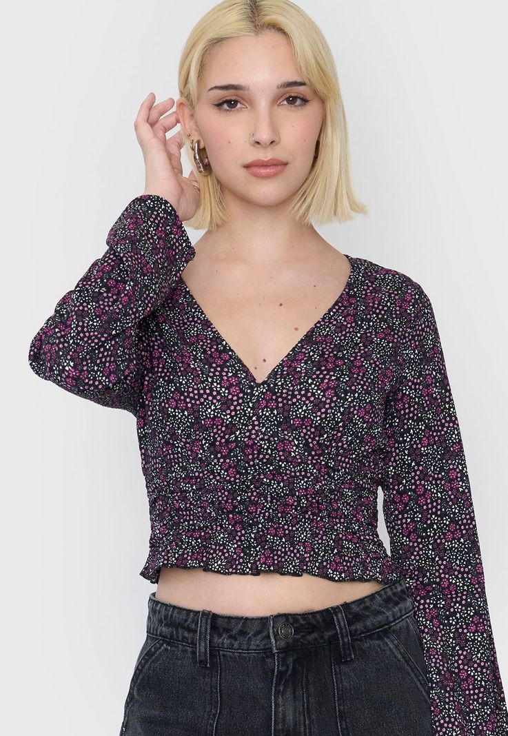 Blusa Mujer Manga Larga Camapana Print Rosado/Negro Corona-2