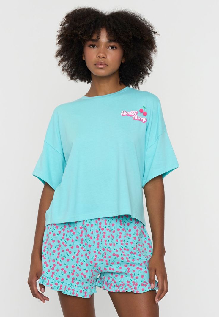 Pijama Mujer Corto Oversize Vuelos Menta Guindas Corona-0