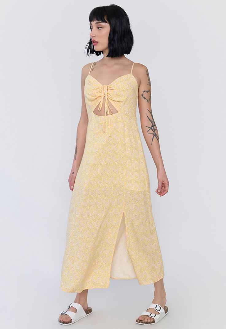 Vestido Mujer Largo Amarras Pecho Amarillo Corona-0