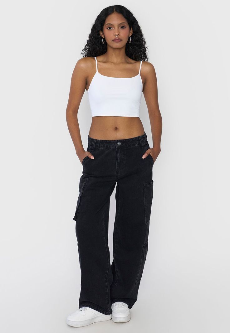Jeans Mujer Straight Fit Full Cargo Negro Corona-0