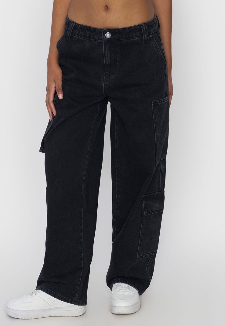 Jeans Mujer Straight Fit Full Cargo Negro Corona-1