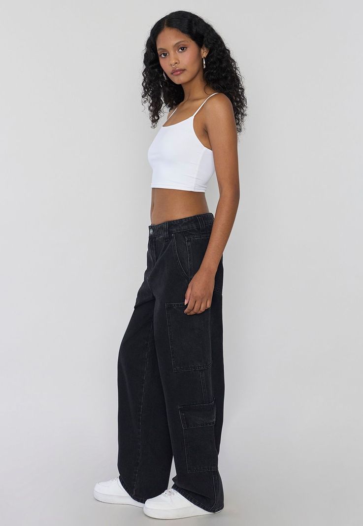 Jeans Mujer Straight Fit Full Cargo Negro Corona-3
