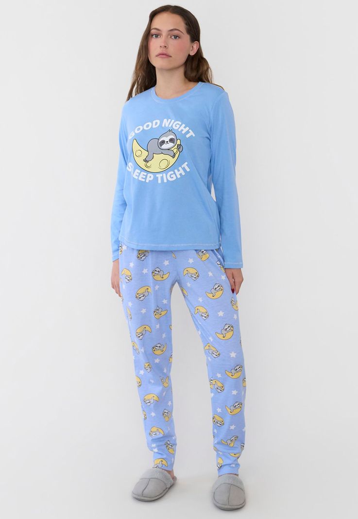 Pijama Mujer Largo Algodón Print Celeste Corona-0