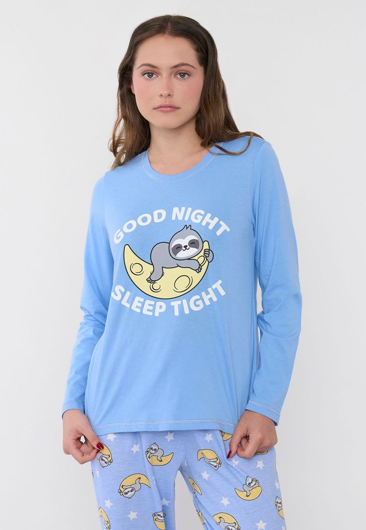 Pijama Mujer Largo Algodón Print Celeste Corona-1