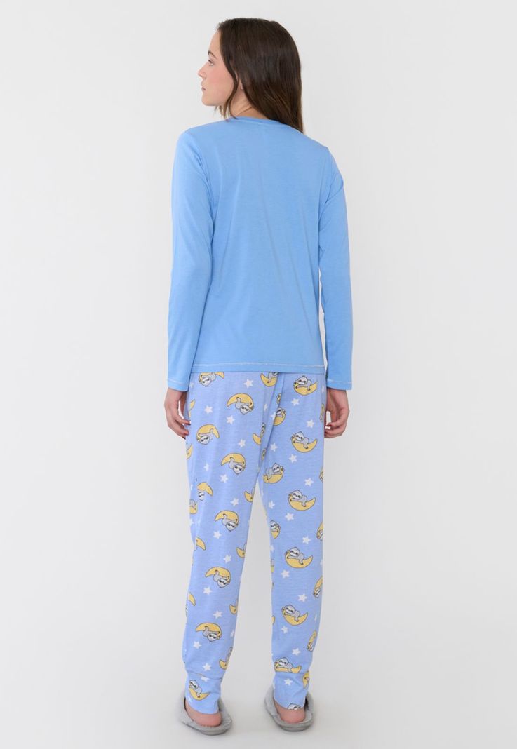 Pijama Mujer Largo Algodón Print Celeste Corona-2