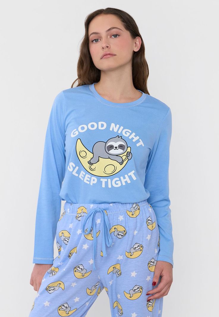 Pijama Mujer Largo Algodón Print Celeste Corona-3