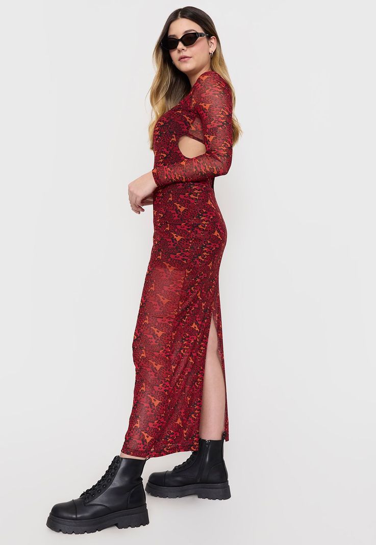 Vestido Mujer Manga Larga Largo Malla Rojo Corona-0