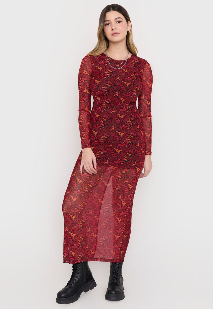 Vestido Mujer Manga Larga Largo Malla Rojo Corona-1