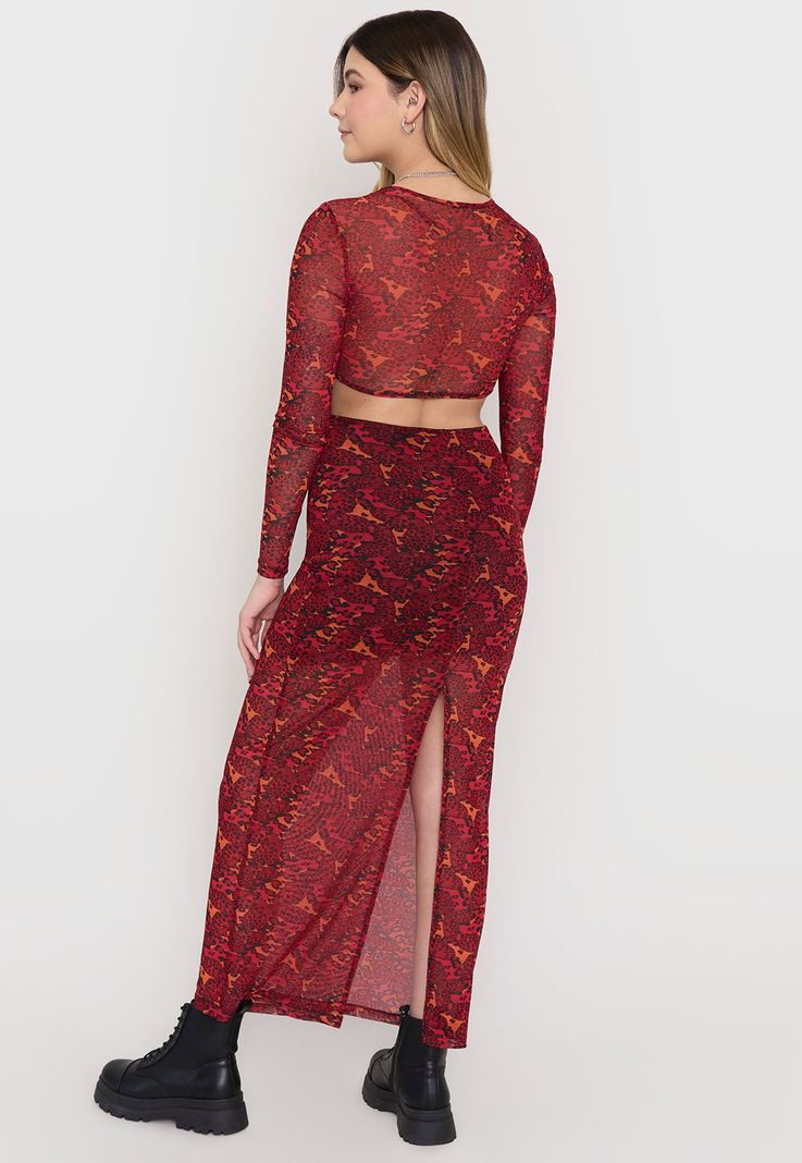 Vestido Mujer Manga Larga Largo Malla Rojo Corona-2