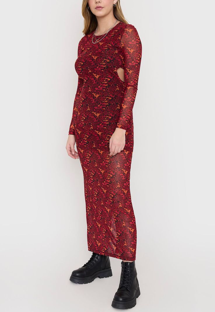 Vestido Mujer Manga Larga Largo Malla Rojo Corona-3