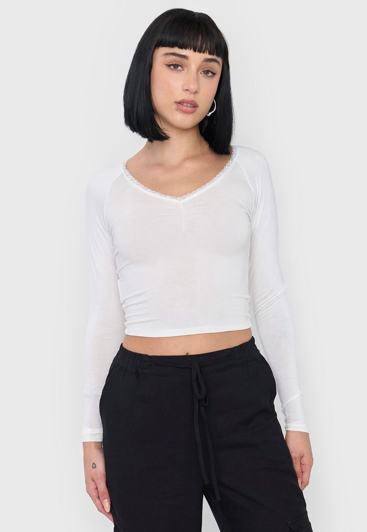 Polera Mujer Manga Larga Cuello V Blanco Corona-0