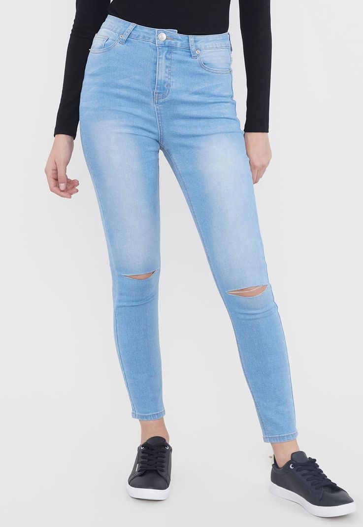 Jeans Mujer Skinny Destroyed Azul Claro Corona-0