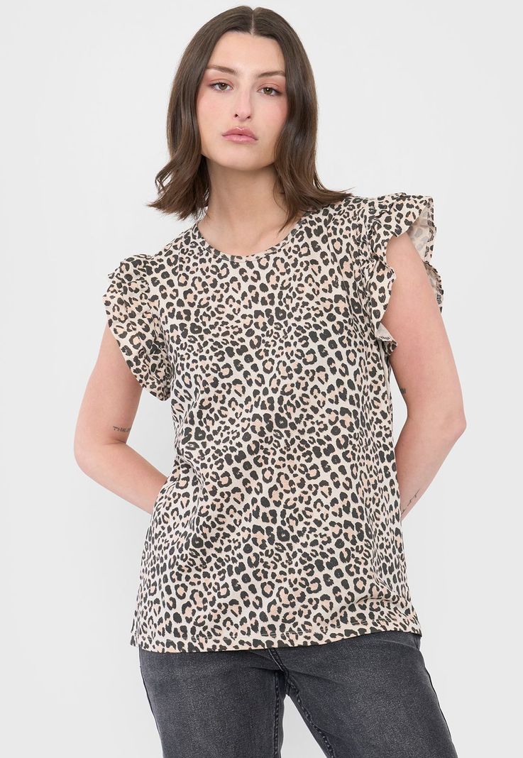 Polera Mujer Vuelos Animal Print Café Corona-0