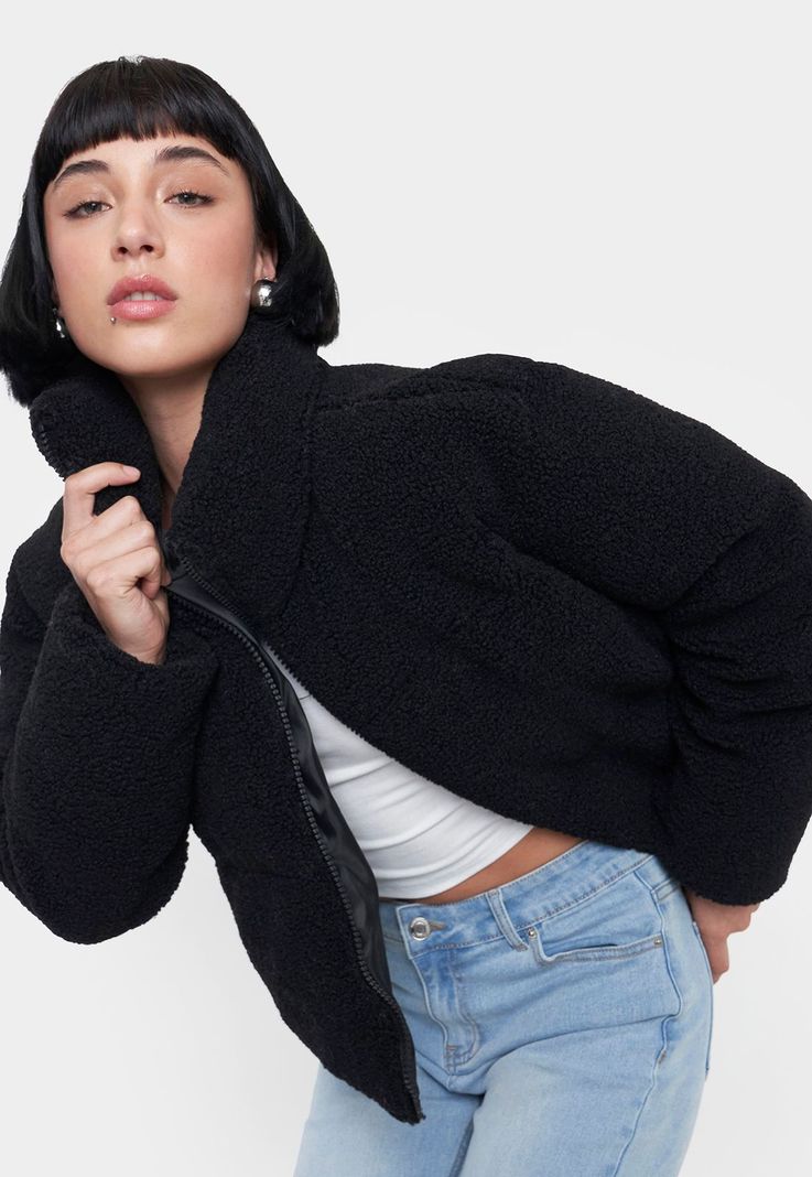 Chaqueta Mujer Teddy Negro Cuello Alto Corona-0