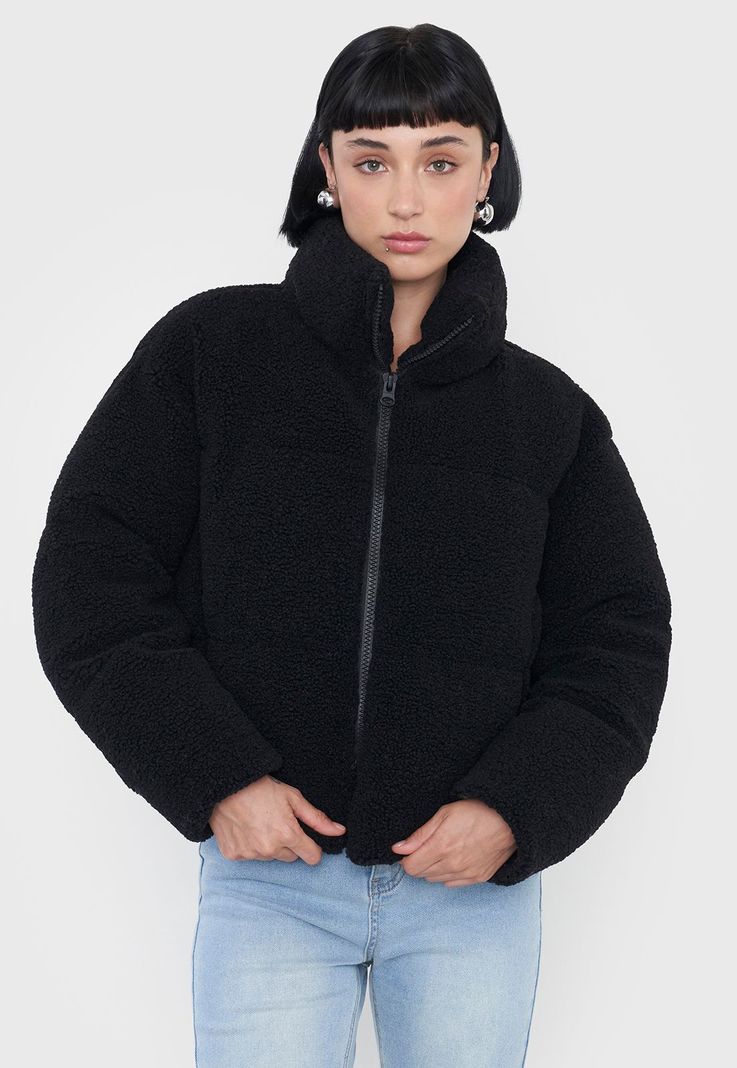 Chaqueta Mujer Teddy Negro Cuello Alto Corona-1