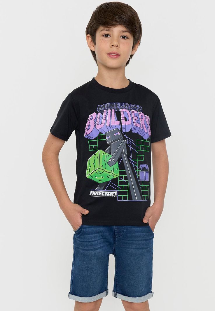 Polera Niño Kids Manga Corta Minecraft Negro Corona-0