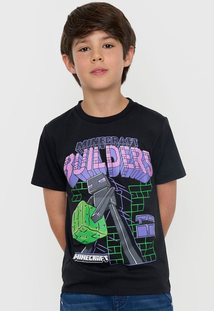 Polera Niño Kids Manga Corta Minecraft Negro Corona-2