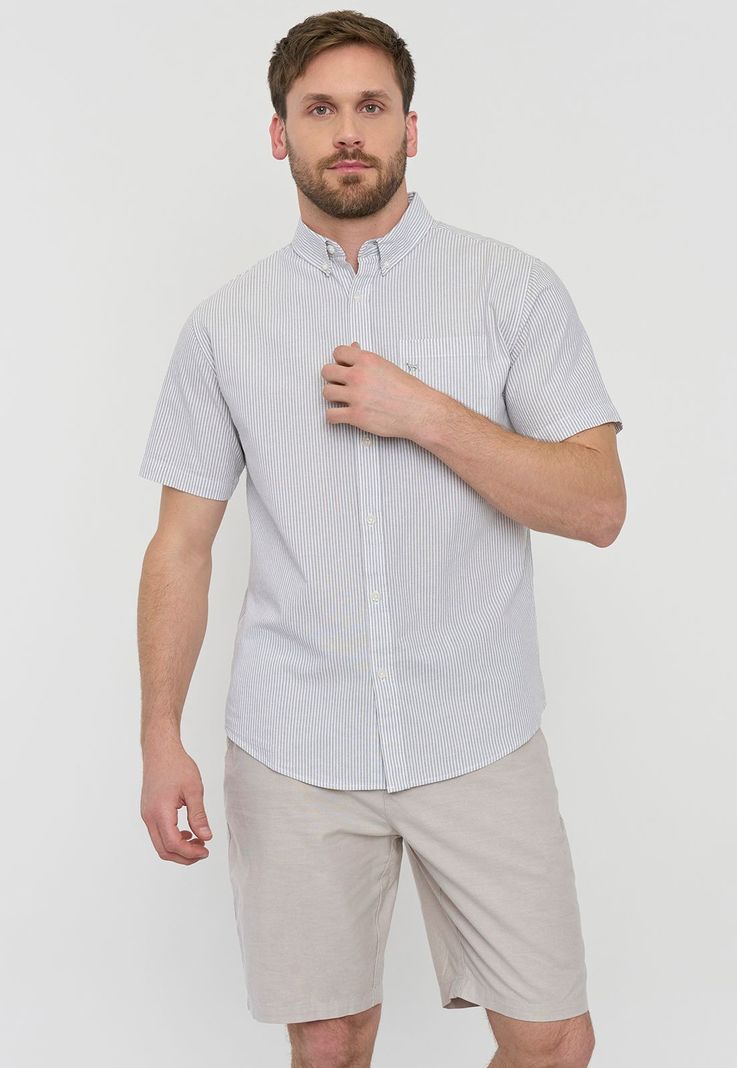 Camisa Hombre Líneas Manga Corta Gris Corona-0