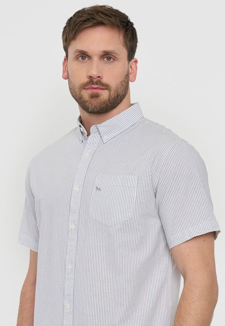 Camisa Hombre Líneas Manga Corta Gris Corona-2