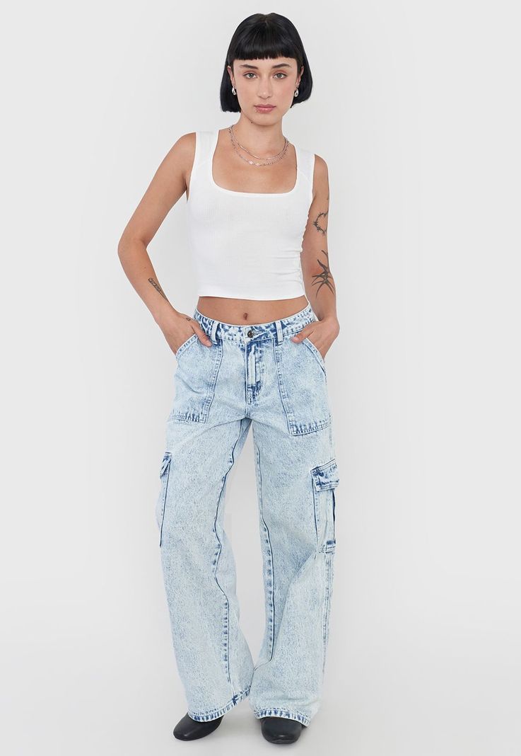 Jeans Mujer Cargo Straight Fit Azul Claro Corona-0