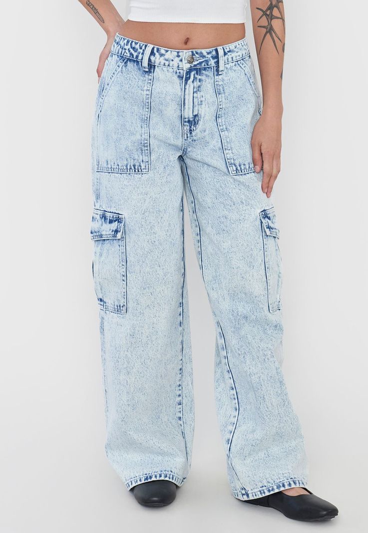 Jeans Mujer Cargo Straight Fit Azul Claro Corona-1