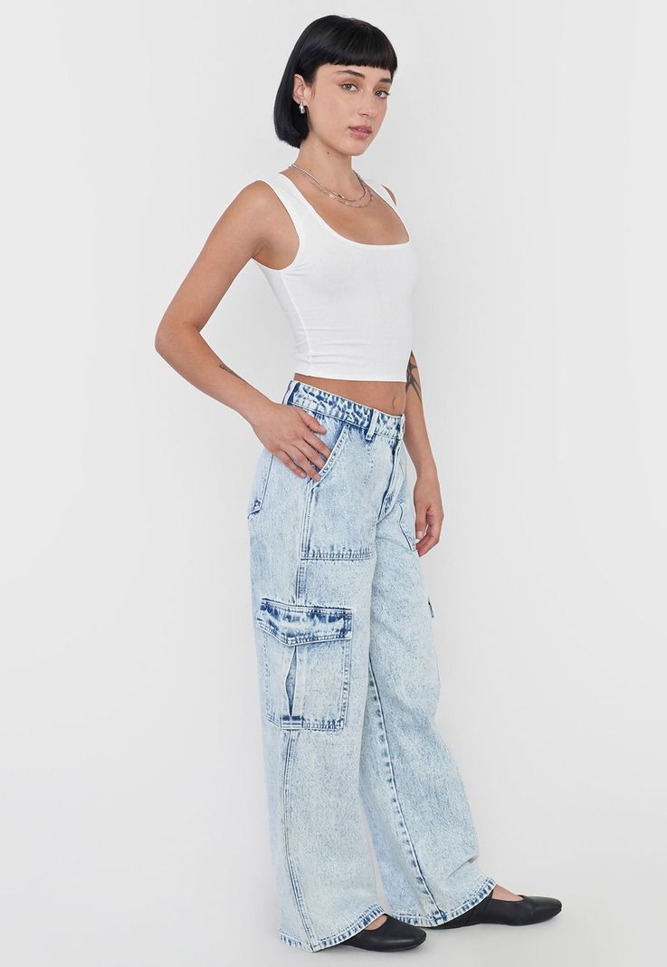 Jeans Mujer Cargo Straight Fit Azul Claro Corona-3