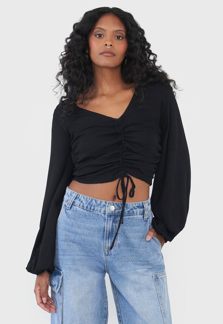 Blusa Mujer Manga Globo Negro Corona-0