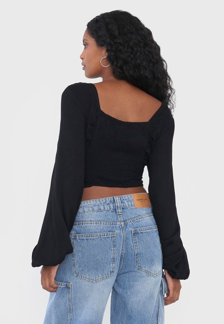 Blusa Mujer Manga Globo Negro Corona-1